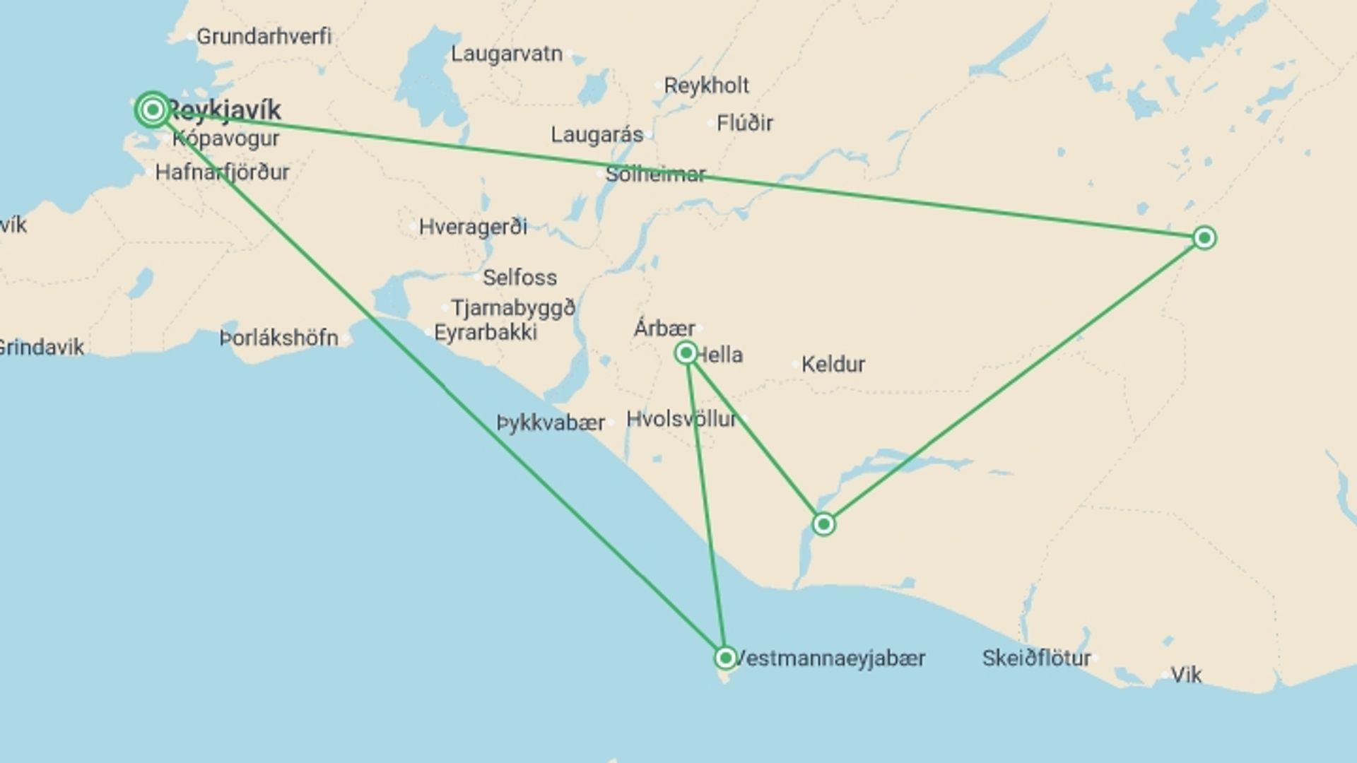 A map showing the tour itinerary for the trip: South Iceland Summer Express - 3 days, starting in Reykjavik, Iceland and ending in Reykjavik, Iceland going through 3 other destinations.