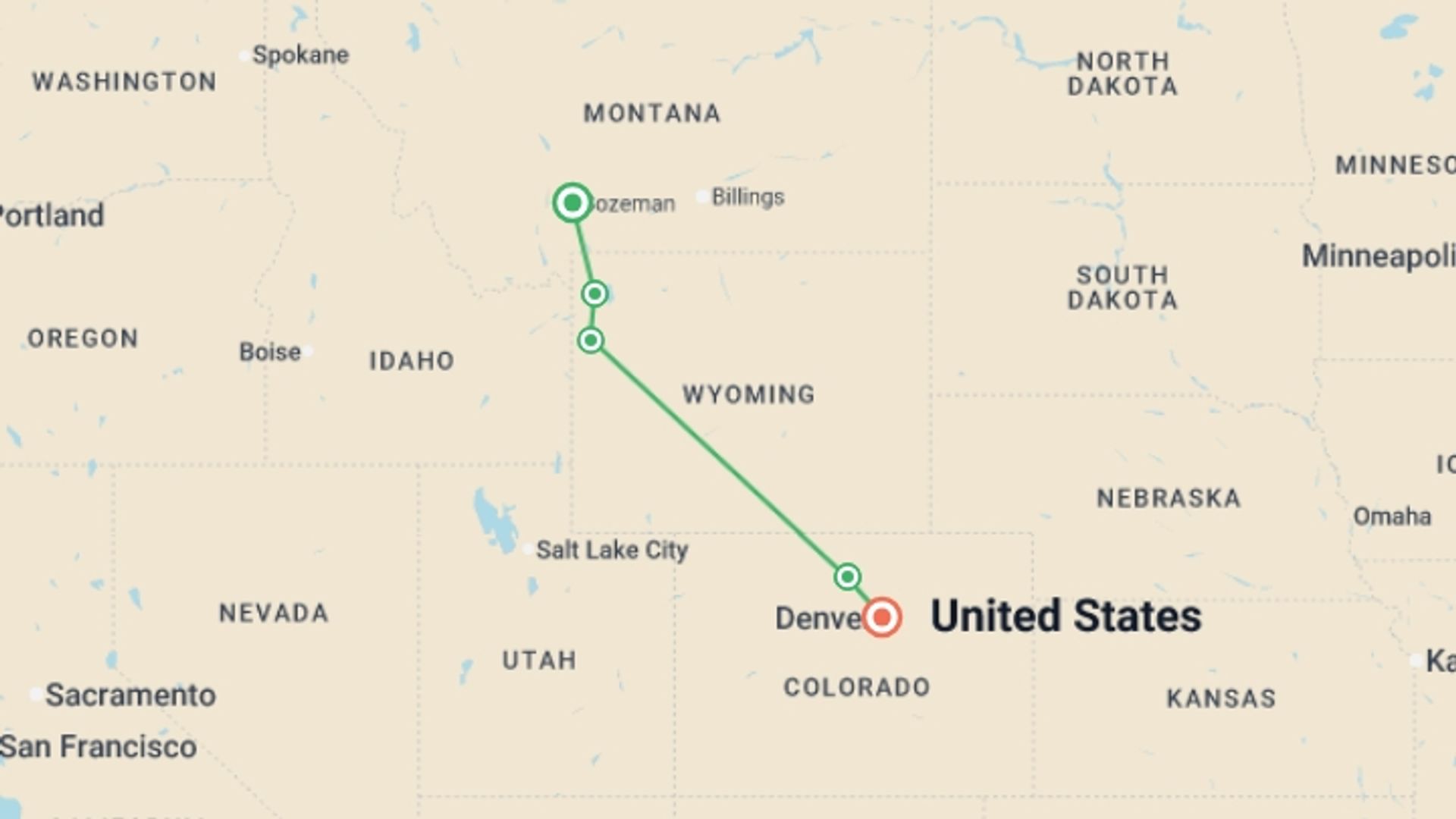 A map showing the tour itinerary for the trip: Yellowstone, Grand Teton & Rocky Mountains - 9 days, starting in Bozeman, USA and ending in Denver, USA going through 3 other destinations.