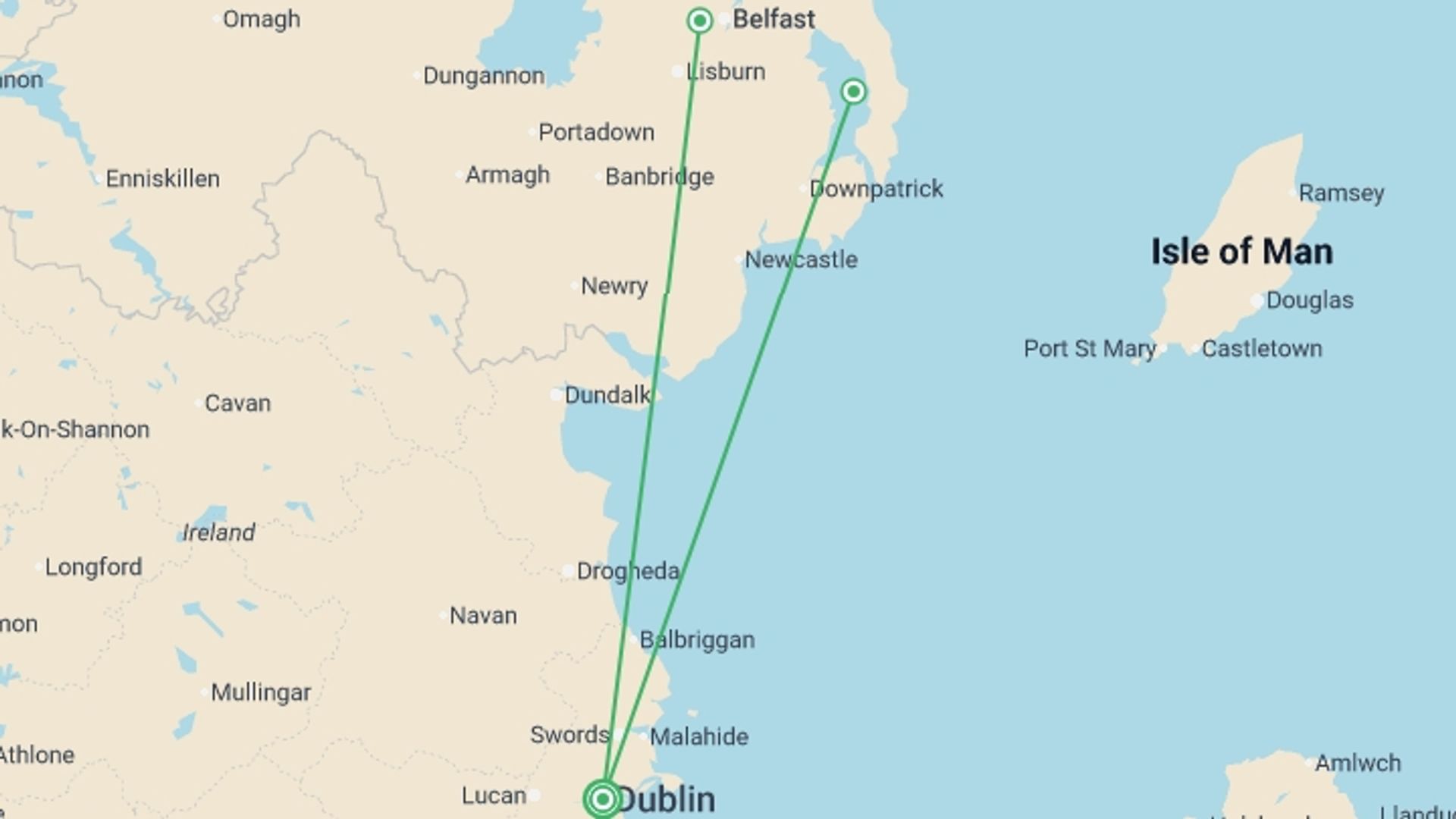 A map showing the tour itinerary for the trip: Into Northern Ireland - 3 days, starting in Dublin, Ireland and ending in Dublin, Ireland going through 0 other destinations.
