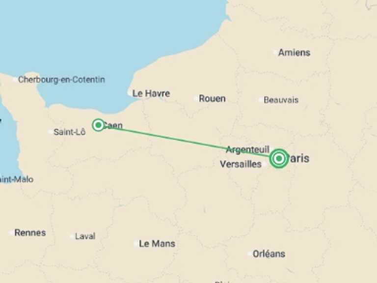 Map itinerary of France Tour in April 2026 with 2 destination visits for the trip: Brittany and Normandy
