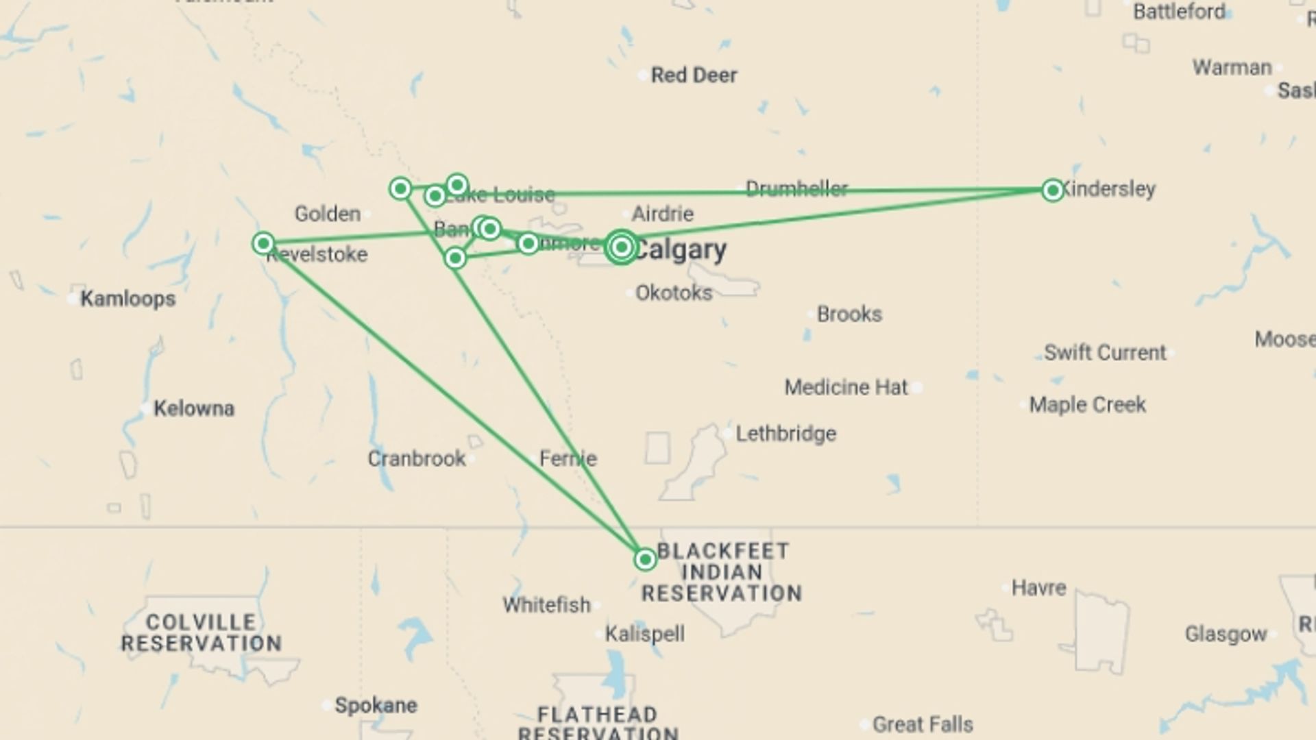 A map showing the tour itinerary for the trip: Walking in the Canadian Rockies, starting in Calgary, Canada and ending in Calgary, Canada going through 10 other destinations.