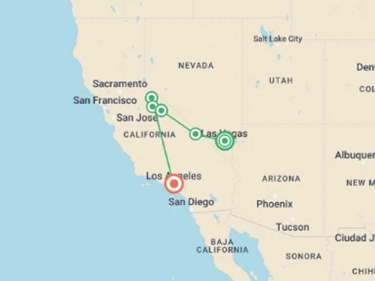 Map of a Climbing Tour with 5 destination visits for the trip: California's Great National Parks