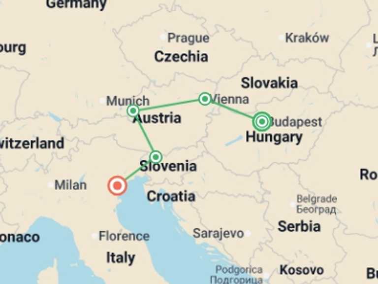 Map of Mediterranean Adventure Tour with 6 destination visits for the trip: Discover Central Europe