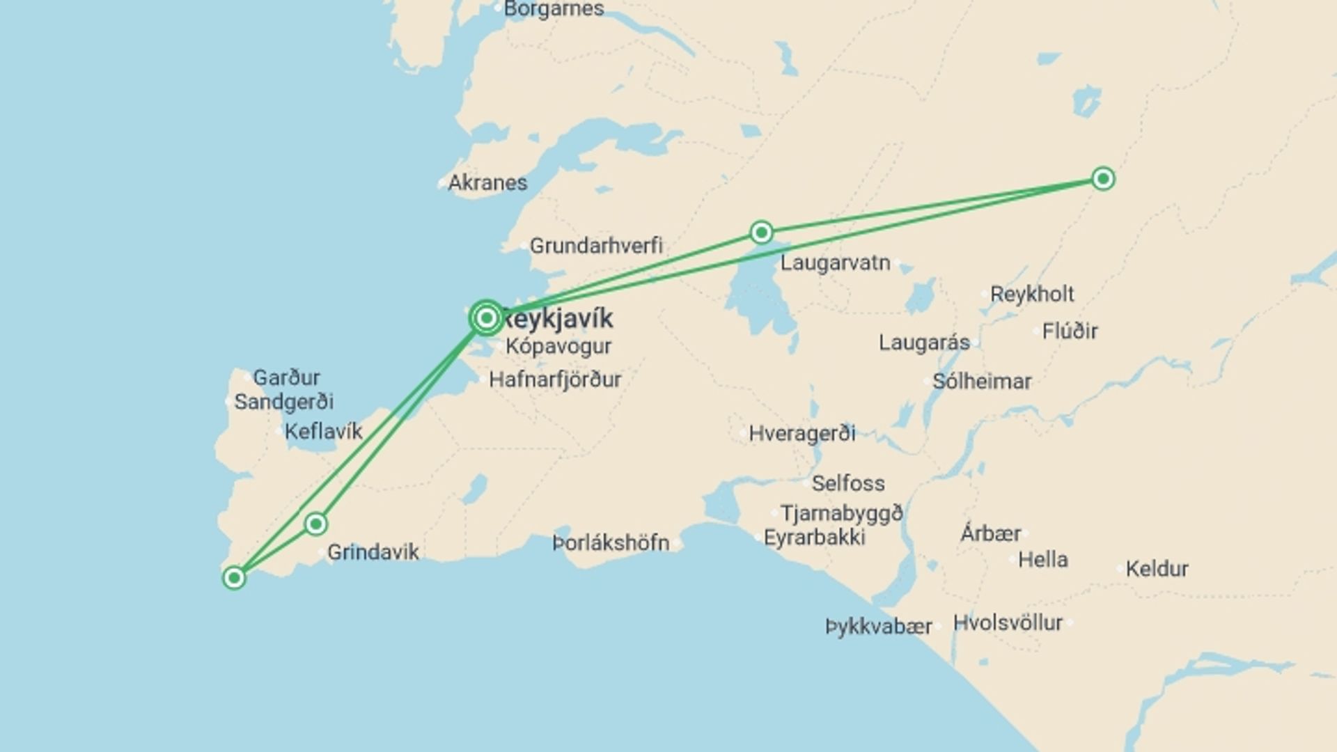 A map showing the tour itinerary for the trip: Iceland New Years Festival - 5 days, starting in Reykjavik, Iceland and ending in Reykjavik, Iceland going through 1 other destinations.