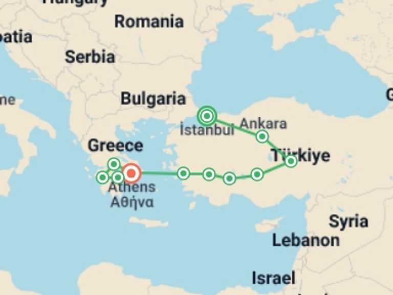 Map of 15-Day Europe Tour with 11 destination visits for the trip: Istanbul to Athens Explorer