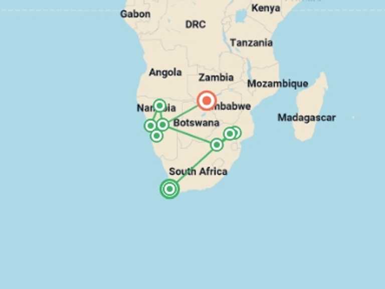 Map of Africa Wildlife safaris and game drives Tour with 10 destination visits for the trip: Journeys: Southern Africa Highlights