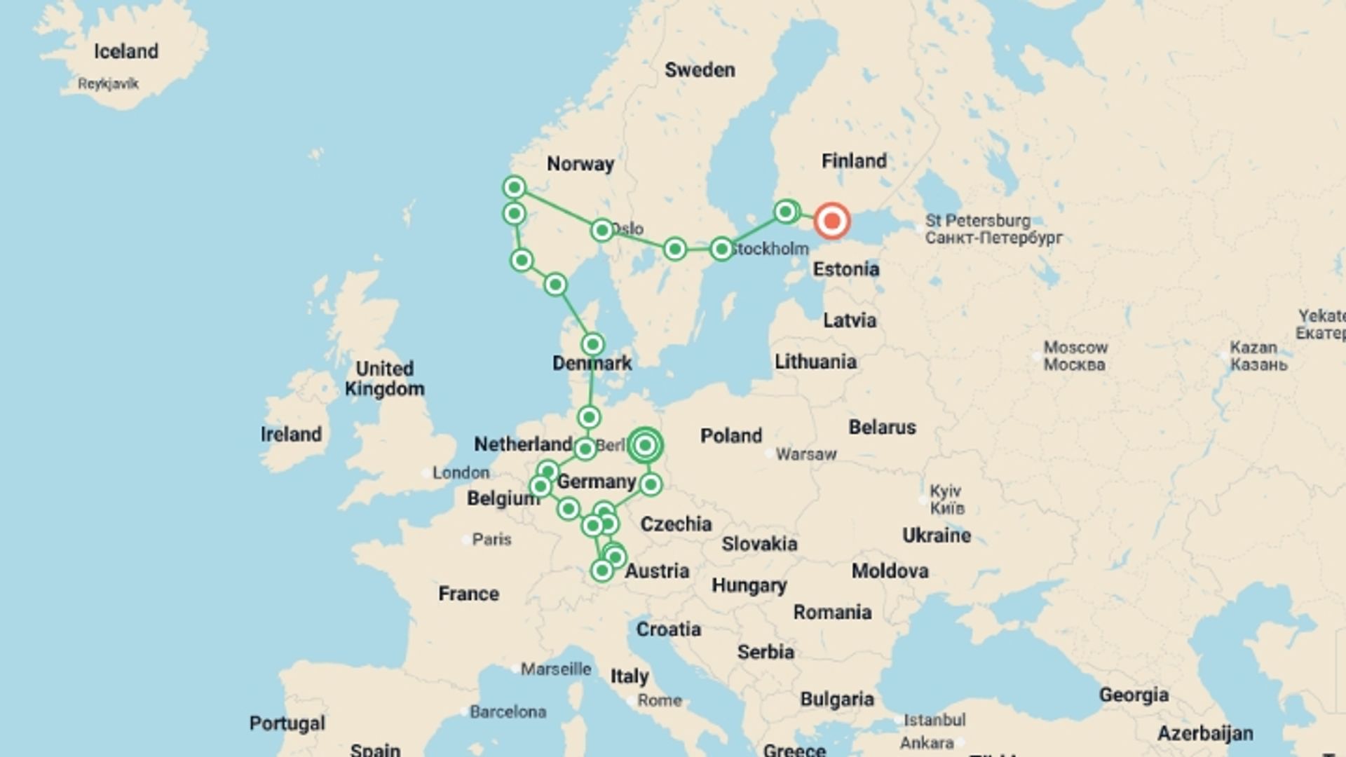 A map showing the tour itinerary for the trip: Germany and Scandinavia end Helsinki, starting in Berlin, Germany and ending in Helsinki, Finland going through 11 other destinations.