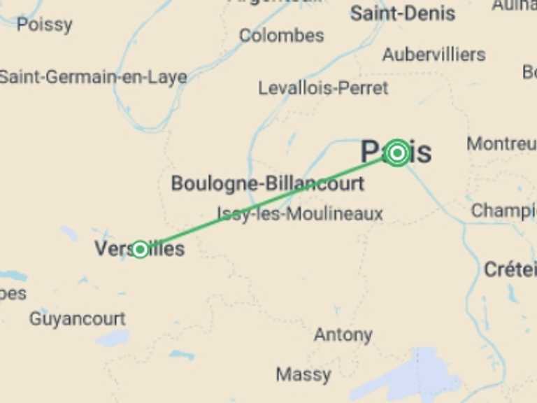 Map itinerary of Paris Tour in January 2026 with 2 destination visits for the trip: Highlights of Paris & Versailles - 5 days