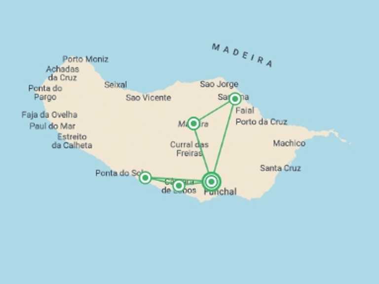 Map itinerary of Portugal Tour in June 2026 with 2 destination visits for the trip: Madeira Discovery - 5 days