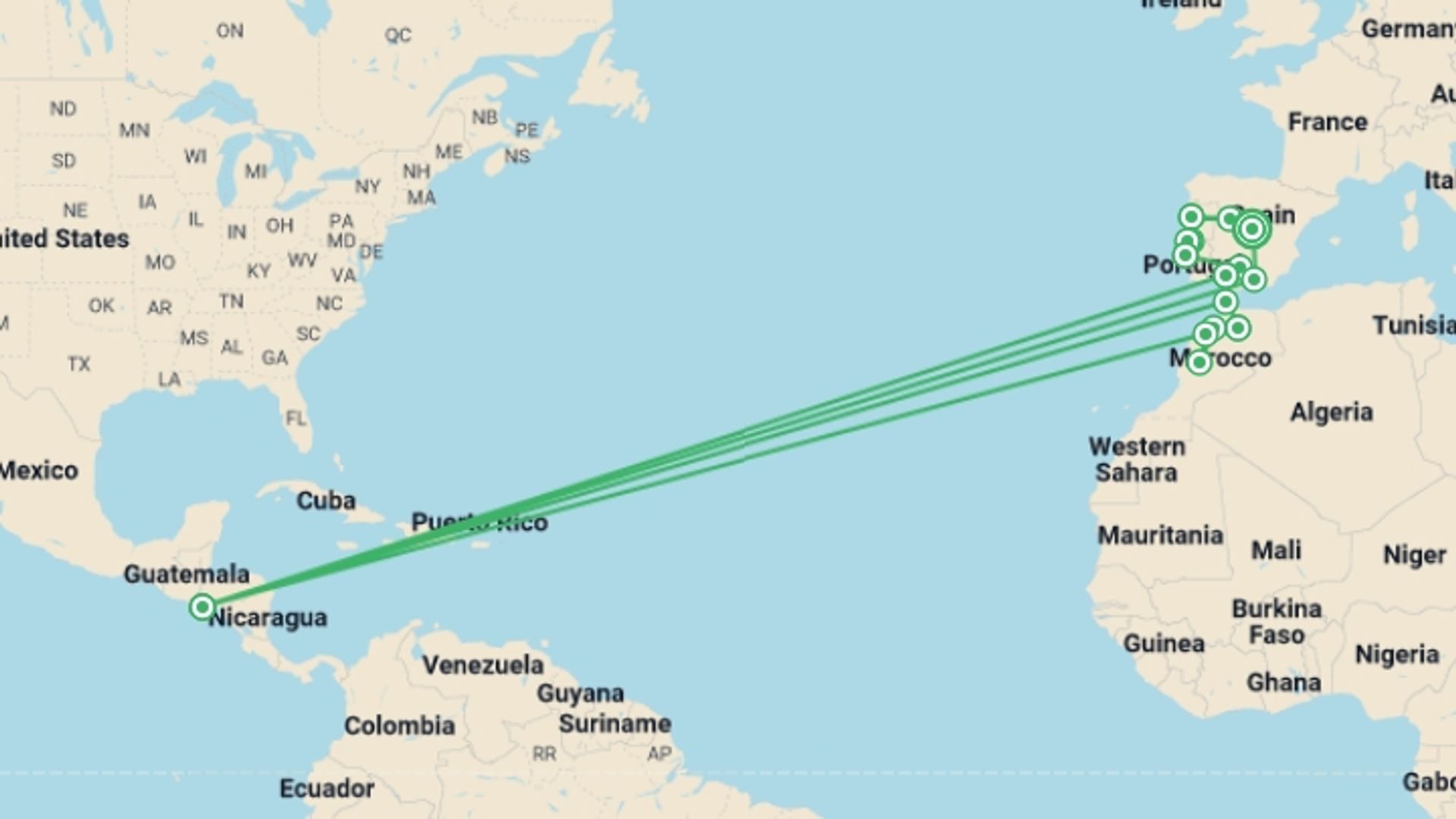 A map showing the tour itinerary for the trip: Spain, Portugal and Morocco Experience (Superior) - 21 days , starting in Madrid, Spain and ending in Madrid, Spain going through 11 other destinations.