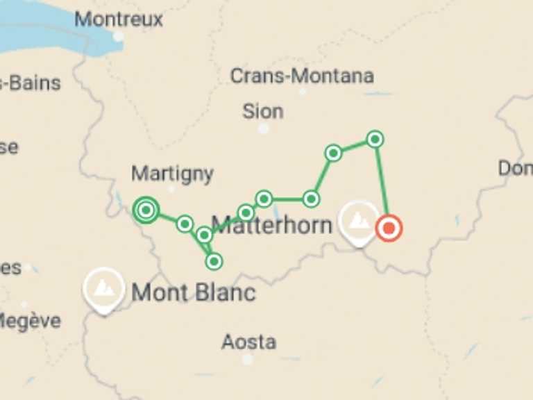 Map of Europe Tour with 10 destination visits for the trip: Chamonix to Zermatt Guided Hike