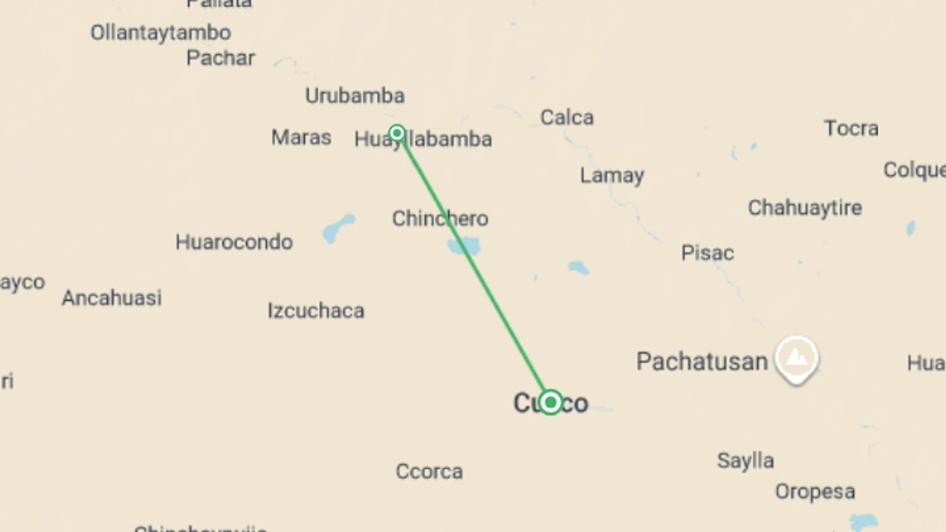 A map showing the tour itinerary for the trip: 2-day Private Andean Culture Experience With Local Communities, starting in Cusco, Peru and ending in Cusco, Peru going through 1 other destinations.