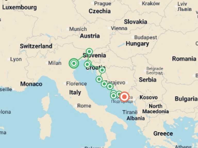 Map of a Sightseeing, attractions, culture and history Tour with 9 destination visits for the trip: Premium Venice to Dubrovnik