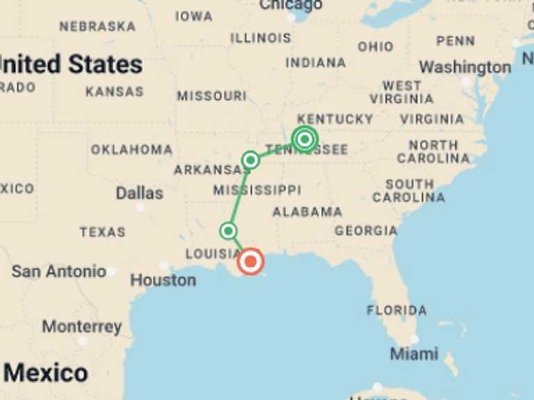 Map of North America Tour with 4 destination visits for the trip: Rhythms of the South