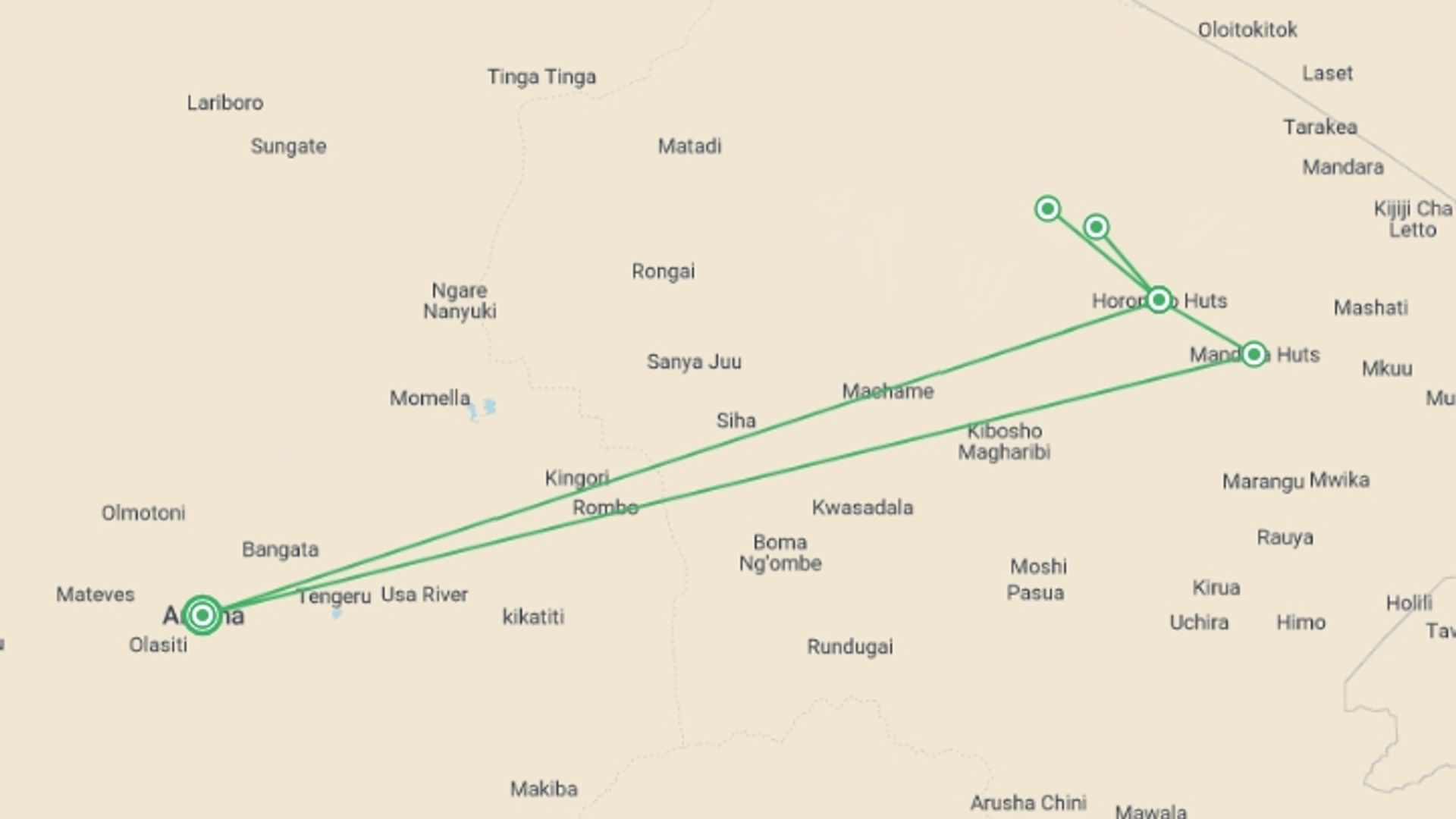 A map showing the tour itinerary for the trip: Mount Kilimanjaro Trek, starting in Arusha, Tanzania and ending in Arusha, Tanzania going through 2 other destinations.