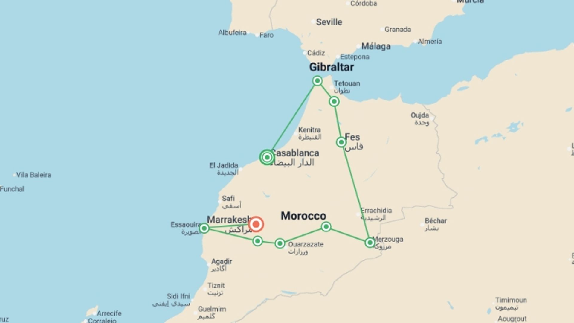 A map showing the tour itinerary for the trip: Highlights of Morocco, starting in Casablanca, Morocco and ending in Marrakech, Morocco going through 7 other destinations.