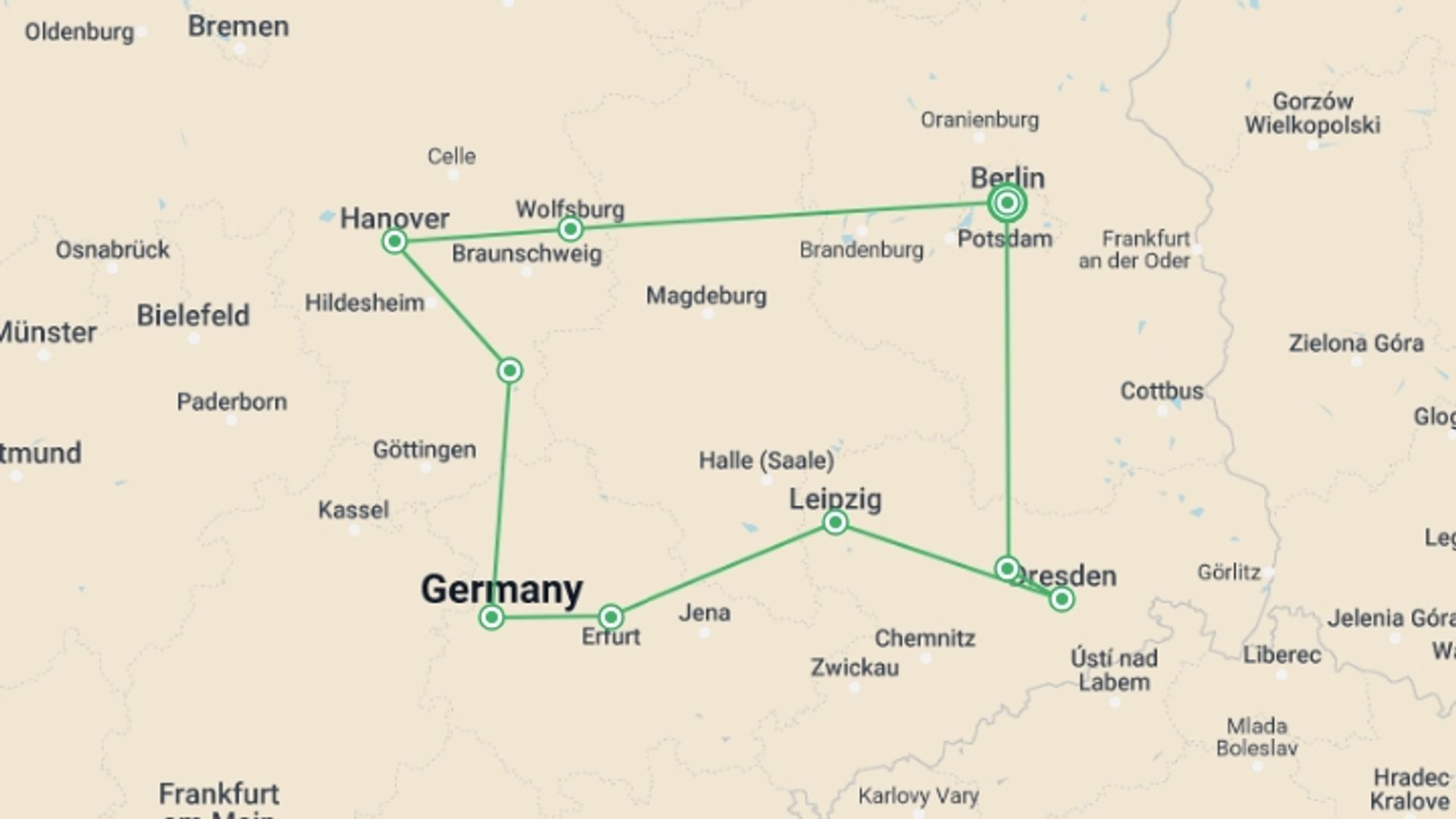 A map showing the tour itinerary for the trip: Adventure in the Heart of Germany, starting in Berlin, Germany and ending in Berlin, Germany going through 3 other destinations.
