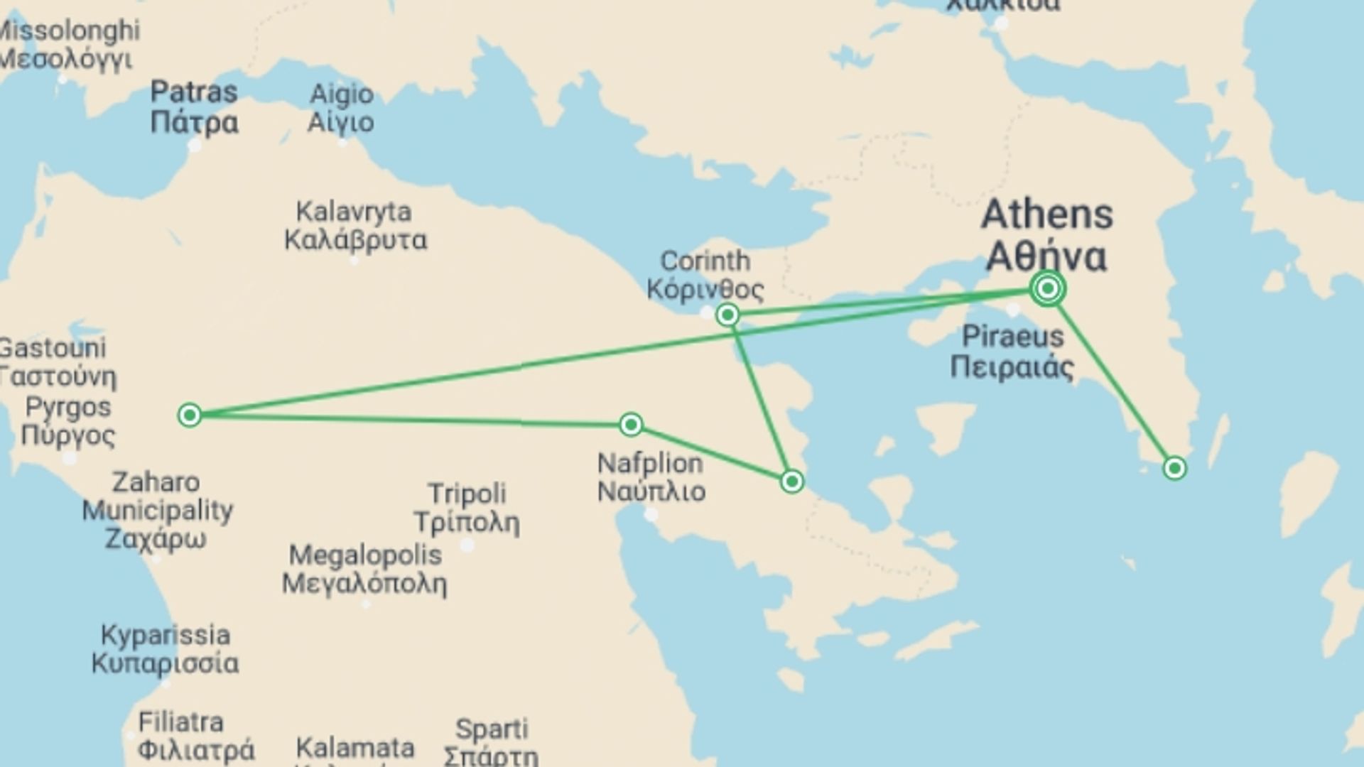 A map showing the tour itinerary for the trip: Highlights Of The Peloponnese: Argolis And Olympia, Private Tour, starting in Athens, Greece and ending in Athens, Greece going through 1 other destinations.