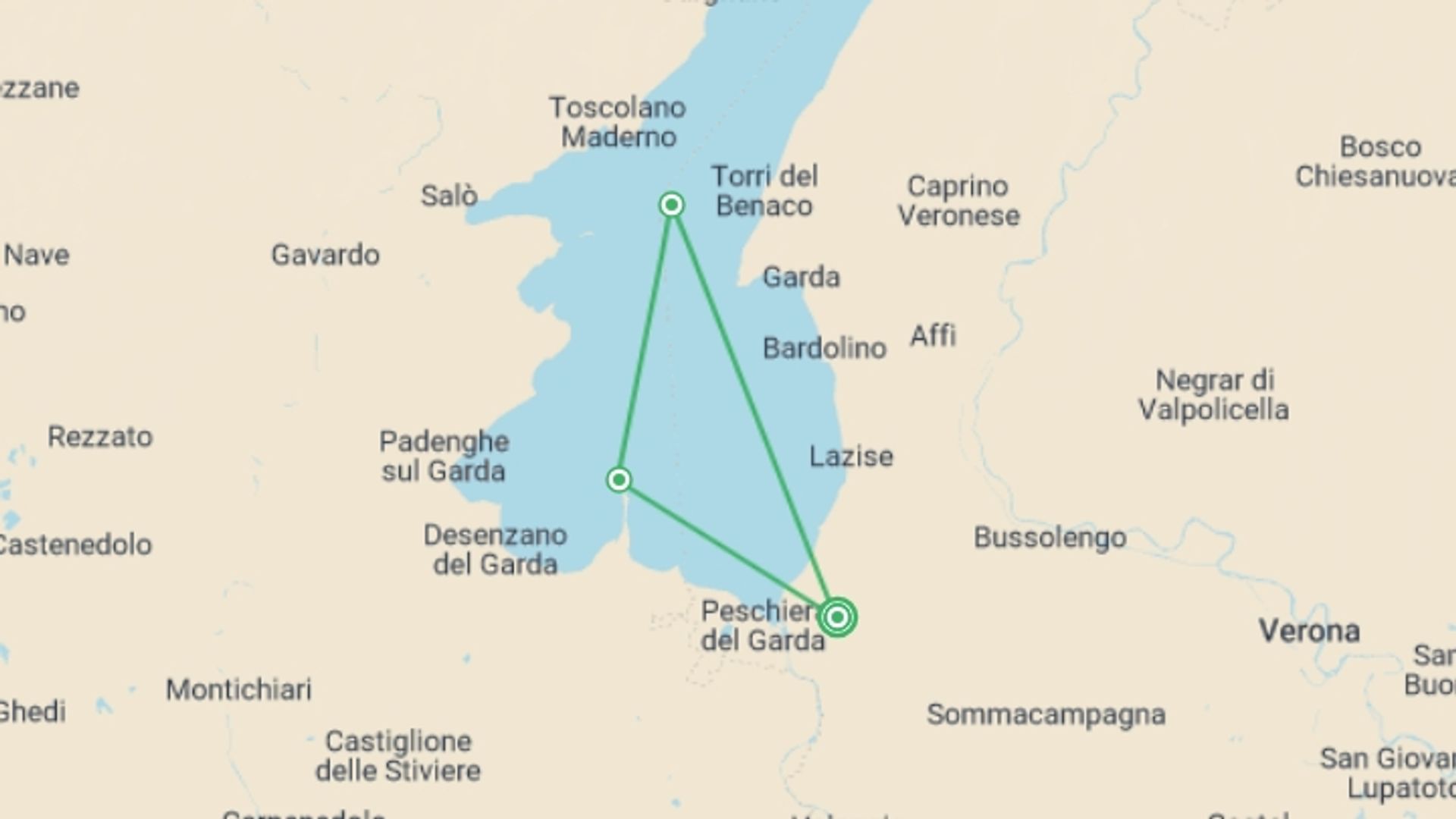 A map showing the tour itinerary for the trip: Discovering Verona, starting in Verona, Italy and ending in Verona, Italy going through 0 other destinations.