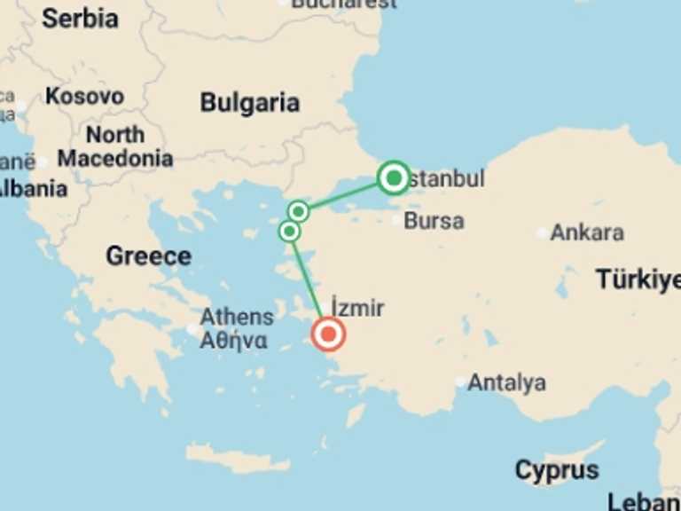 Map itinerary of Turkey Tour in September 2025 with 3 destination visits for the trip: Trooper Tour - Istanbul to Ephesus 3Days