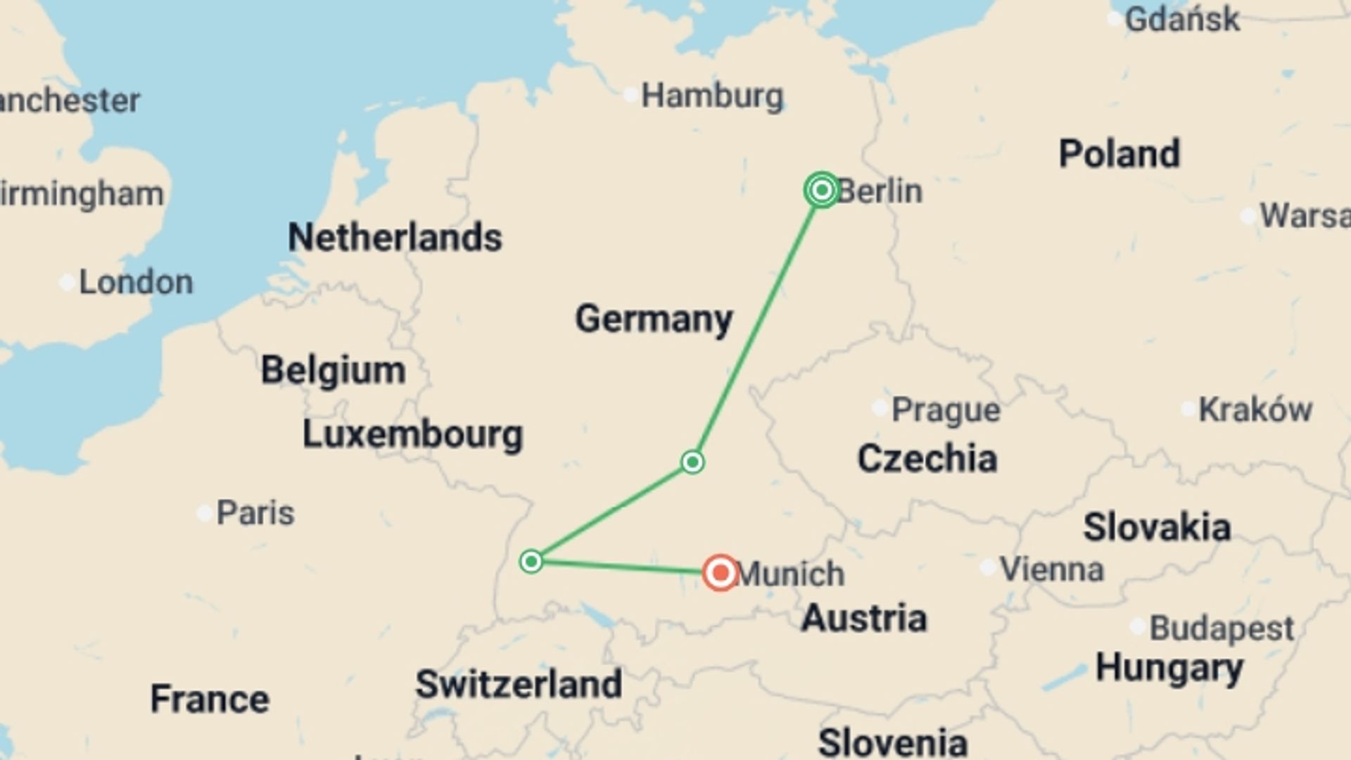 A map showing the tour itinerary for the trip: Highlights of Germany, starting in Berlin, Germany and ending in Munich, Germany going through 2 other destinations.