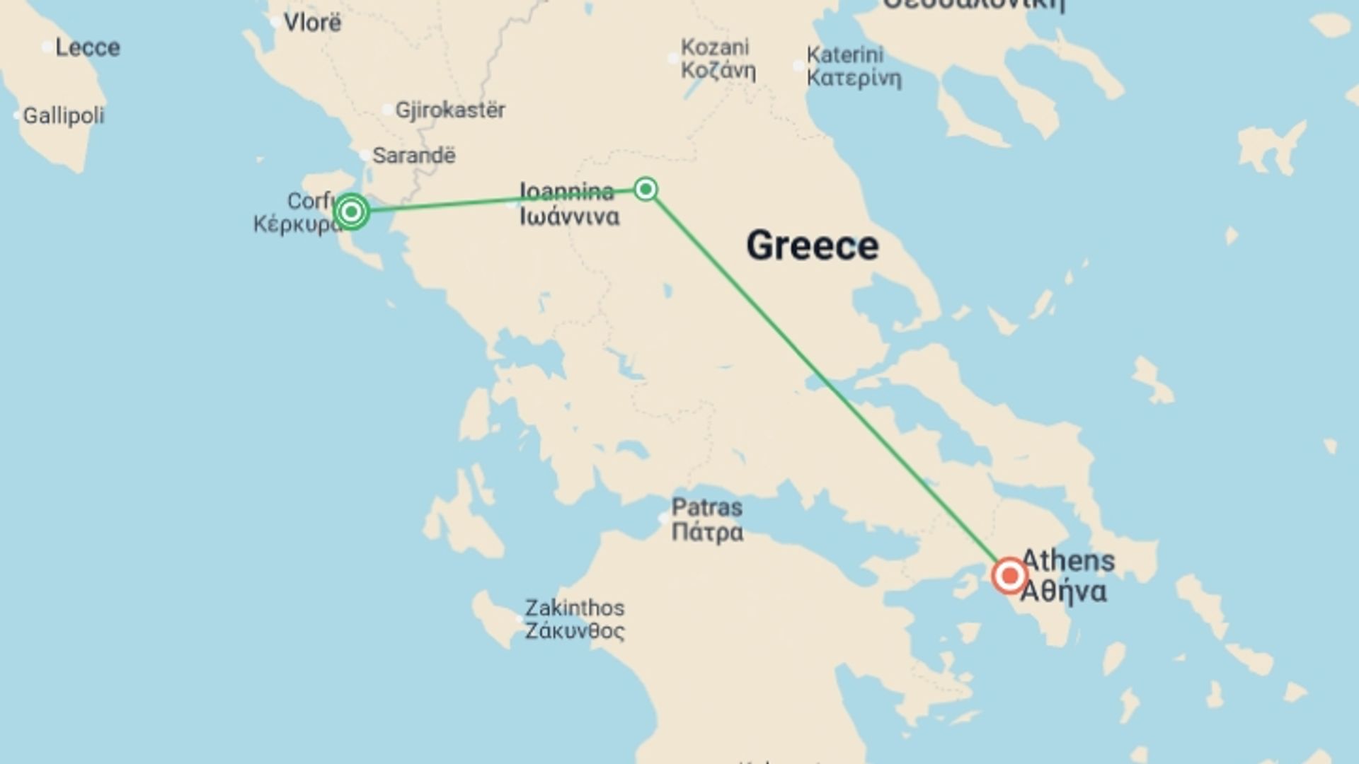 A map showing the tour itinerary for the trip: Corfu to Athens: Meteora & The Emerald Island, starting in Corfu, Greece and ending in Athens, Greece going through 1 other destinations.