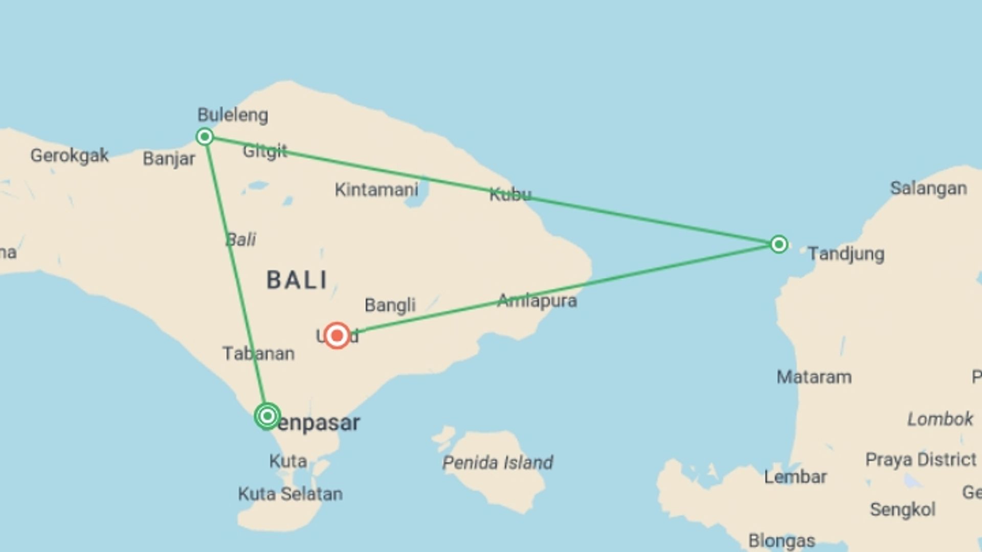 A map showing the tour itinerary for the trip: Best of Bali Youth Adventure  - 12 days, starting in Canggu, Indonesia and ending in Ubud, Indonesia going through 2 other destinations.