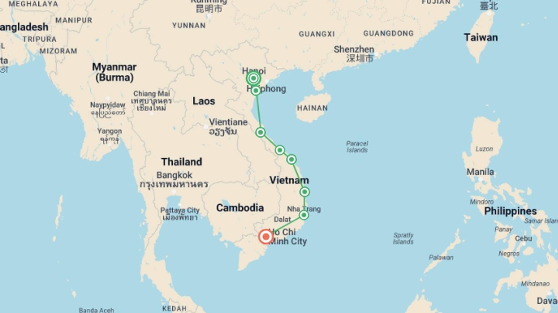 A map showing the tour itinerary for the trip: Epic Vietnam: Hanoi, Ho Chi Minh City & Handmade Noodles, starting in Hanoi, Vietnam and ending in Ho Chi Minh City, Vietnam going through 6 other destinations.