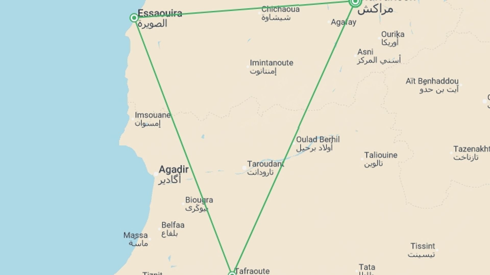 A map showing the tour itinerary for the trip: Marrakech, Agafay & Coast - 5 days, starting in Marrakech, Morocco and ending in Marrakech, Morocco going through 2 other destinations.