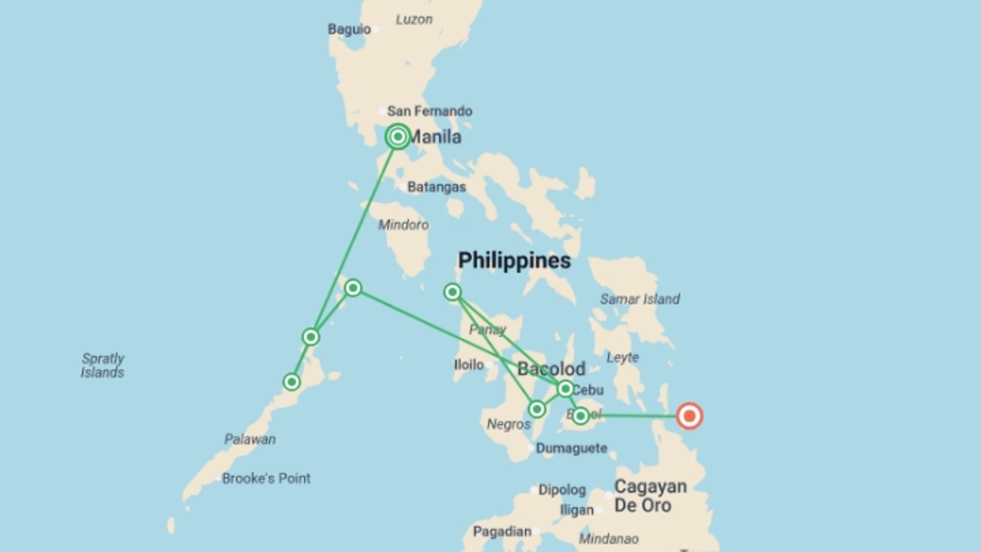 A map showing the tour itinerary for the trip: Total Philippines, starting in Manila, Philippines and ending in Siargao, Philippines going through 7 other destinations.