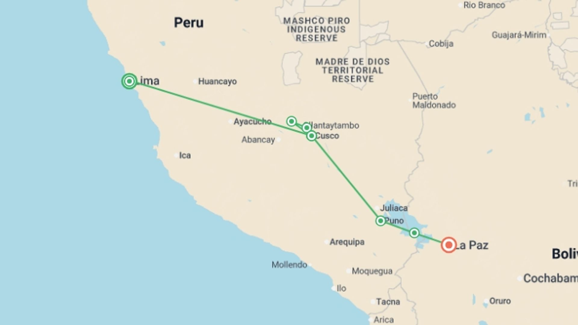 A map showing the tour itinerary for the trip: Machu Picchu, Titicaca & La Paz - 12 days, starting in Lima, Peru and ending in La Paz, Bolivia going through 3 other destinations.