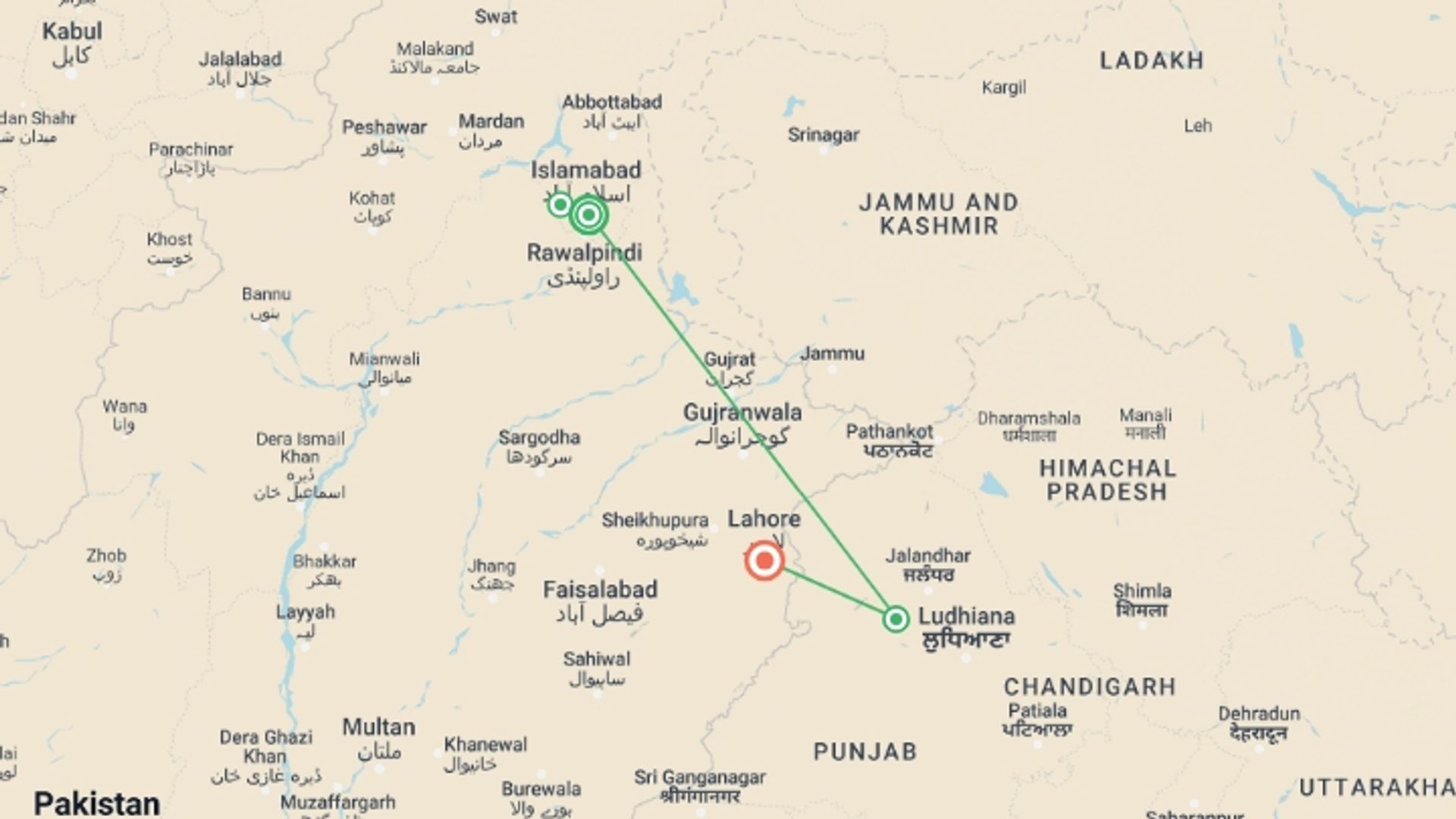A map showing the tour itinerary for the trip: Spiritual and Cultural Tour of Sikhism, starting in Islamabad, Pakistan and ending in Lahore, Pakistan going through 1 other destinations.