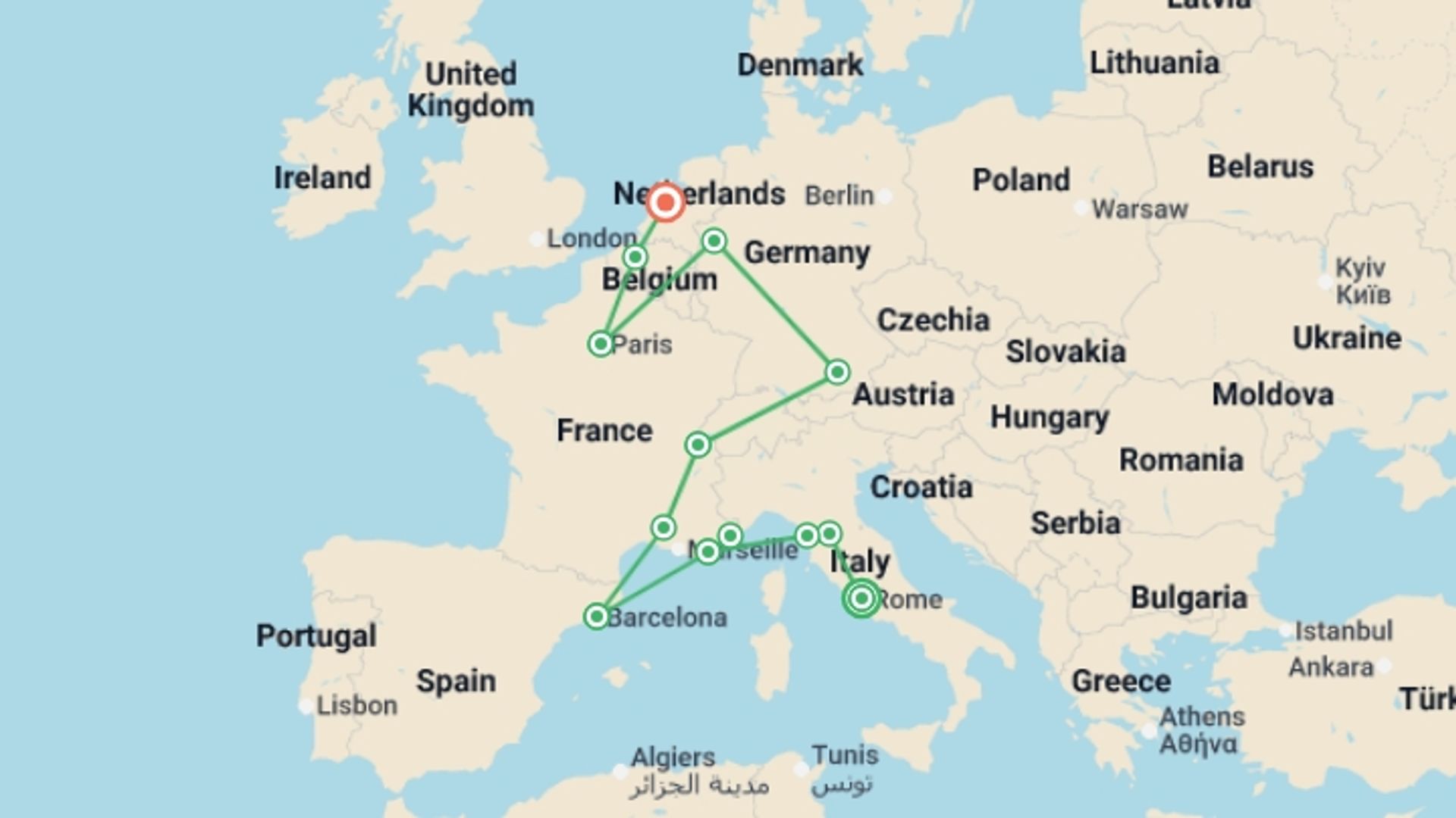 A map showing the tour itinerary for the trip: Western Adventure, starting in Rome, Italy and ending in Amsterdam, Holland going through 9 other destinations.