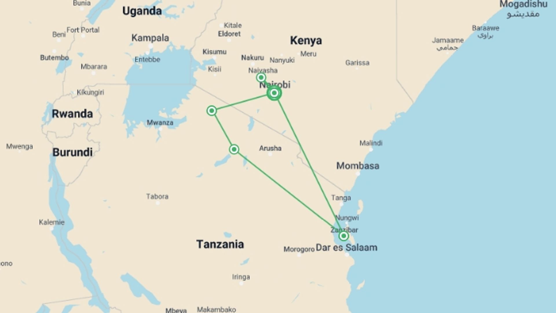 A map showing the tour itinerary for the trip: 14-Day East Africa Honeymoon Safari, starting in Nairobi, Kenya and ending in Nairobi, Kenya going through 10 other destinations.