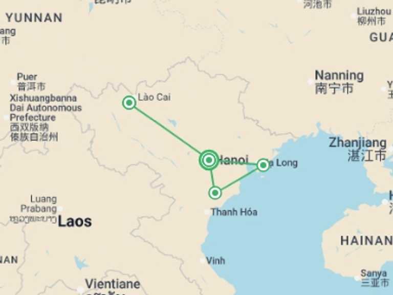 Map itinerary of Asia Tour in November 2026 with 4 destination visits for the trip: Hanoi, Sapa, Ninh Binh & Halong - 8 days