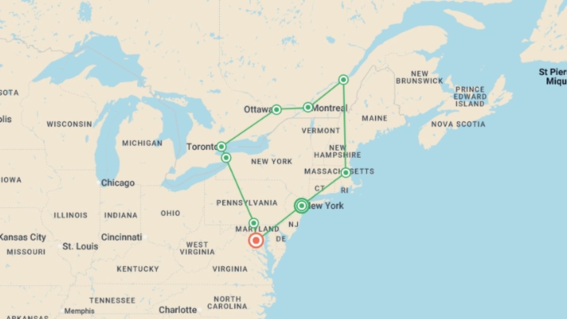 A map showing the tour itinerary for the trip: Discover Eastern US and Canada, starting in New York, USA and ending in Washington D.C., USA going through 6 other destinations.