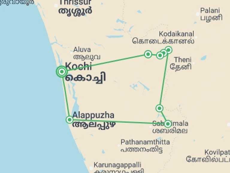 Map itinerary of Asia Tour in November 2026 with 8 destination visits for the trip: Walking in Kerala
