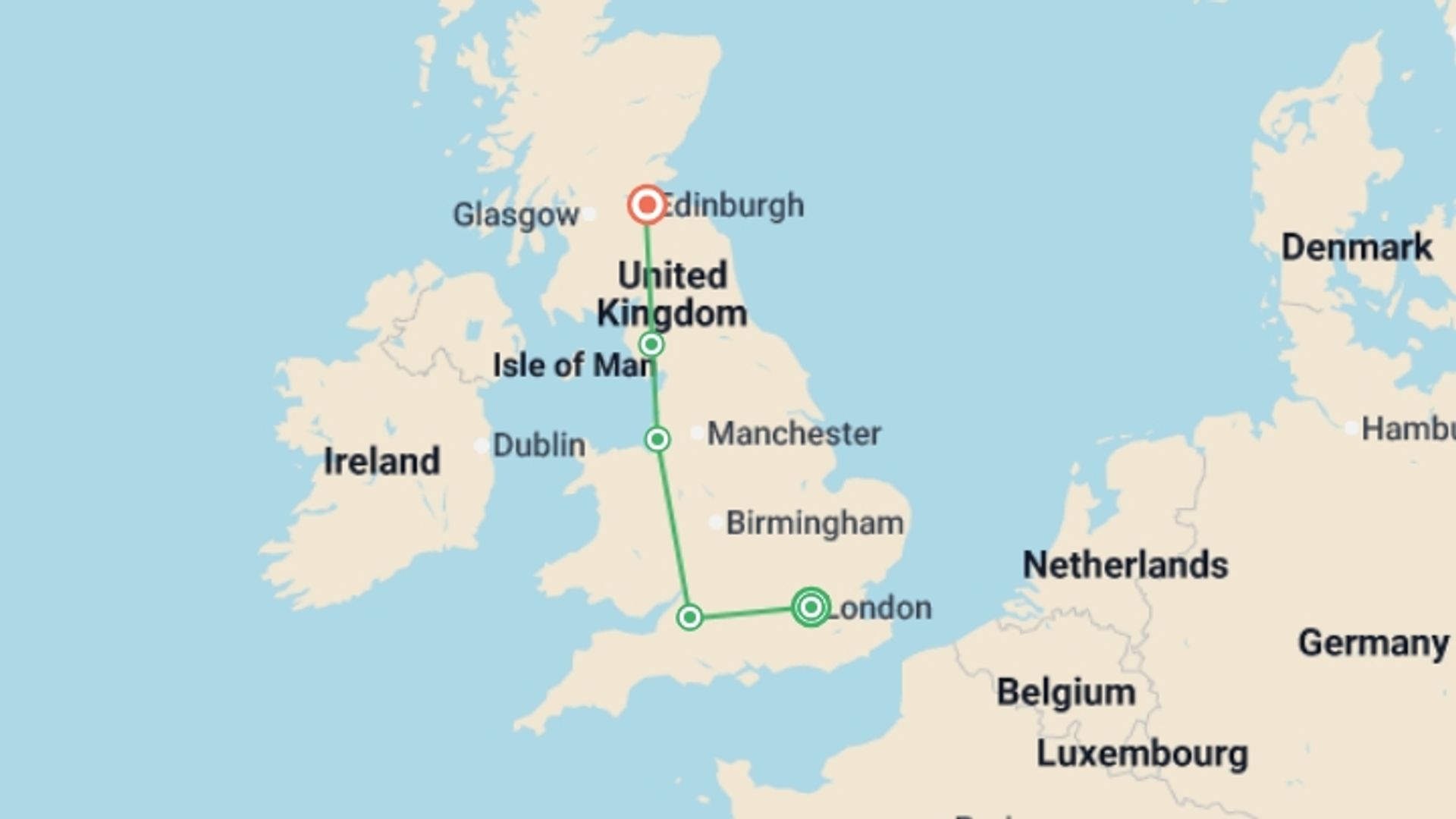 A map showing the tour itinerary for the trip: Castles and Kilts, starting in London, England and ending in Edinburgh, Scotland going through 0 other destinations.