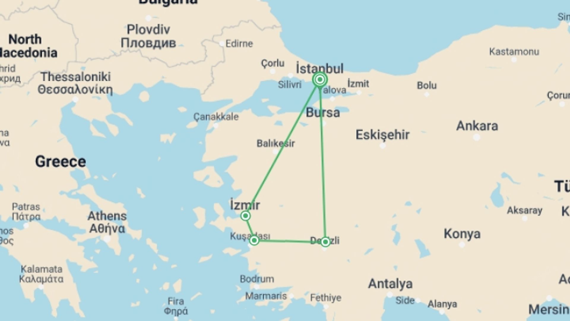 A map showing the tour itinerary for the trip: 2 Days-ephesus&pamukkale Tour From-to Istanbul, starting in Istanbul, Turkey and ending in Istanbul, Turkey going through 3 other destinations.