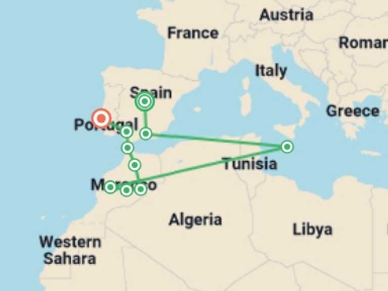Map itinerary of Lisbon Tour in December 2026 with 10 destination visits for the trip: Madrid, Andalusia, Morocco and Lisbon (without Alhambra)