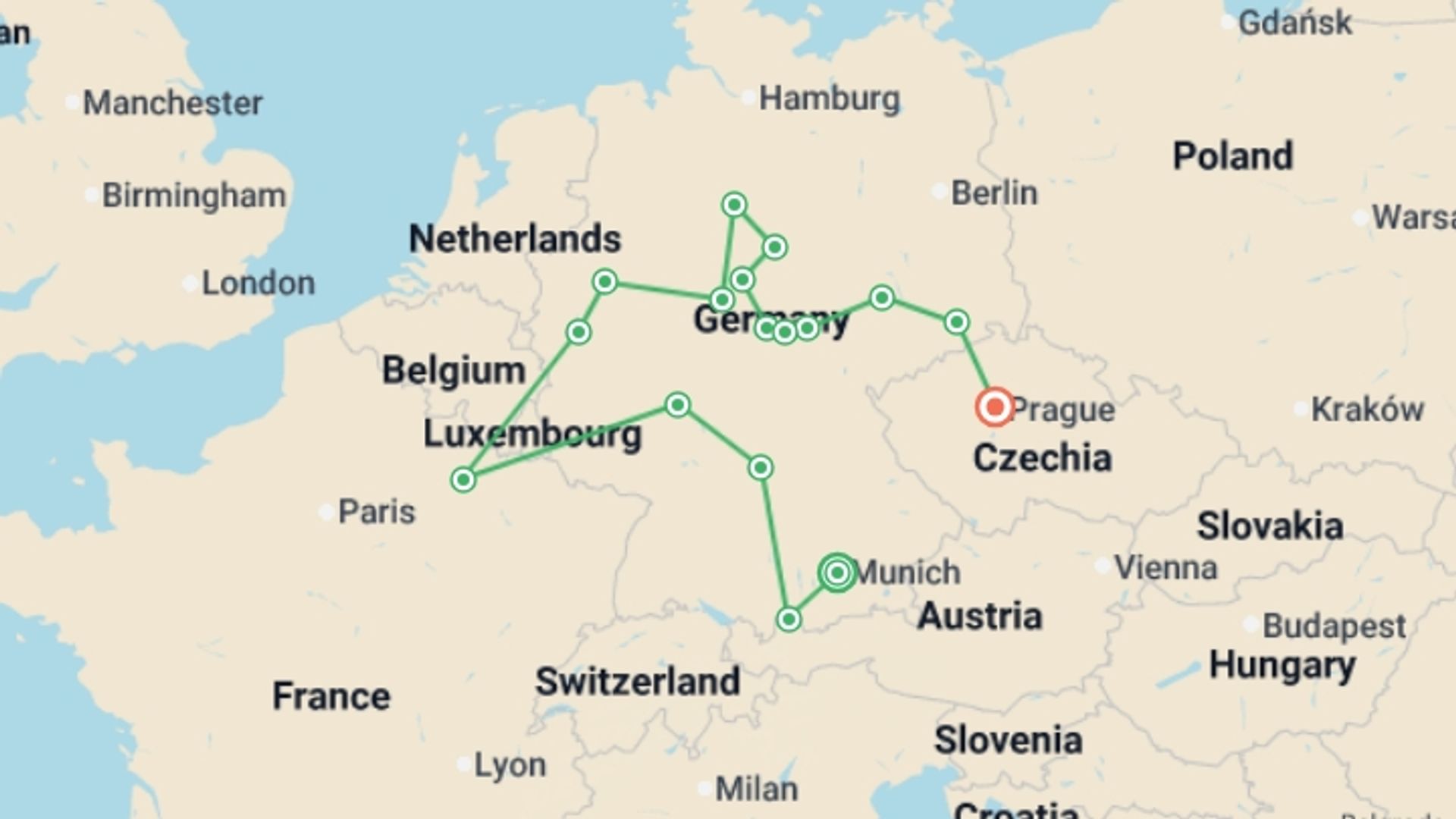 A map showing the tour itinerary for the trip: From Bavaria to Prague, starting in Munich, Germany and ending in Prague, Czech Republic going through 5 other destinations.