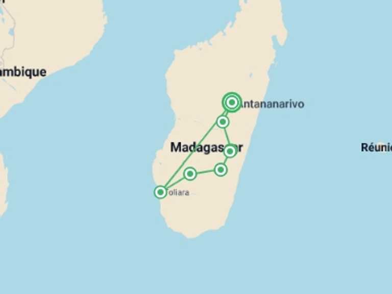 Map of 11-Day East Africa Tour with 7 destination visits for the trip: Unique Madagascar