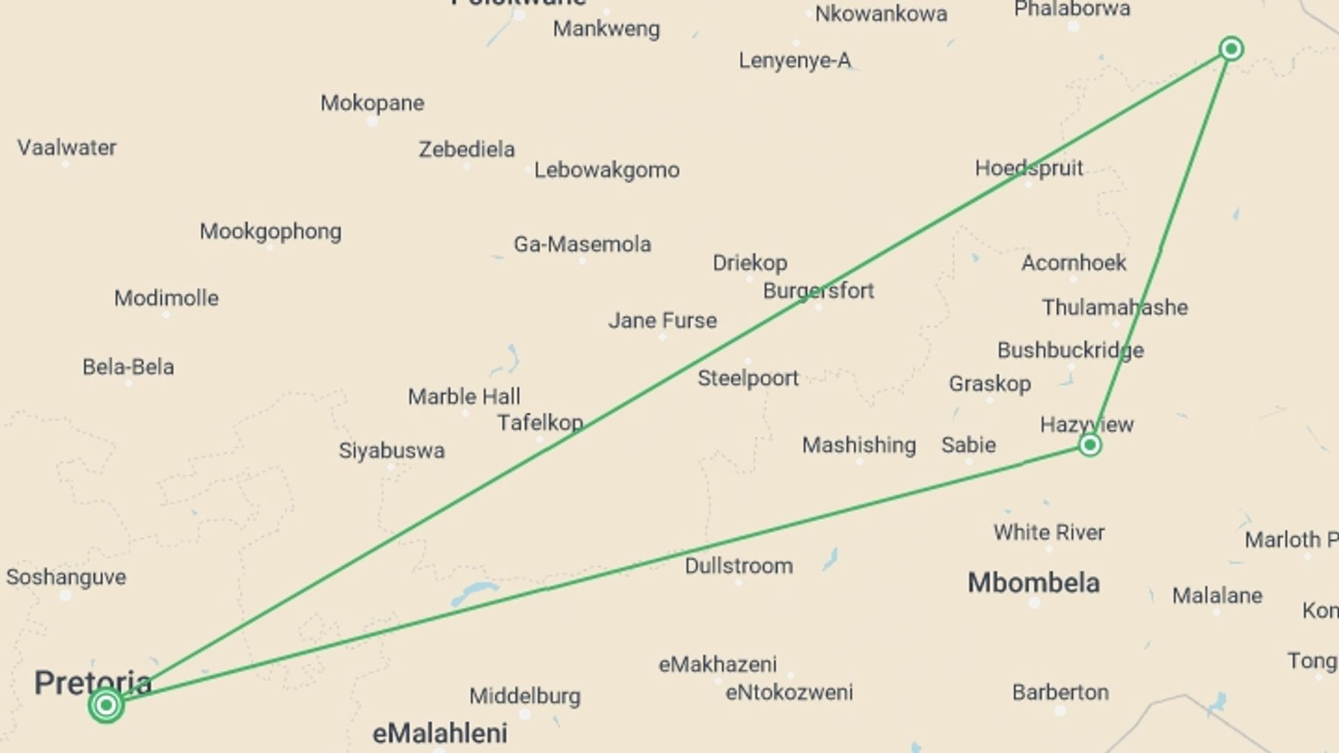 A map showing the tour itinerary for the trip: 4-day Kruger Safari Accommodated, starting in Pretoria, South Africa and ending in Pretoria, South Africa going through 1 other destinations.