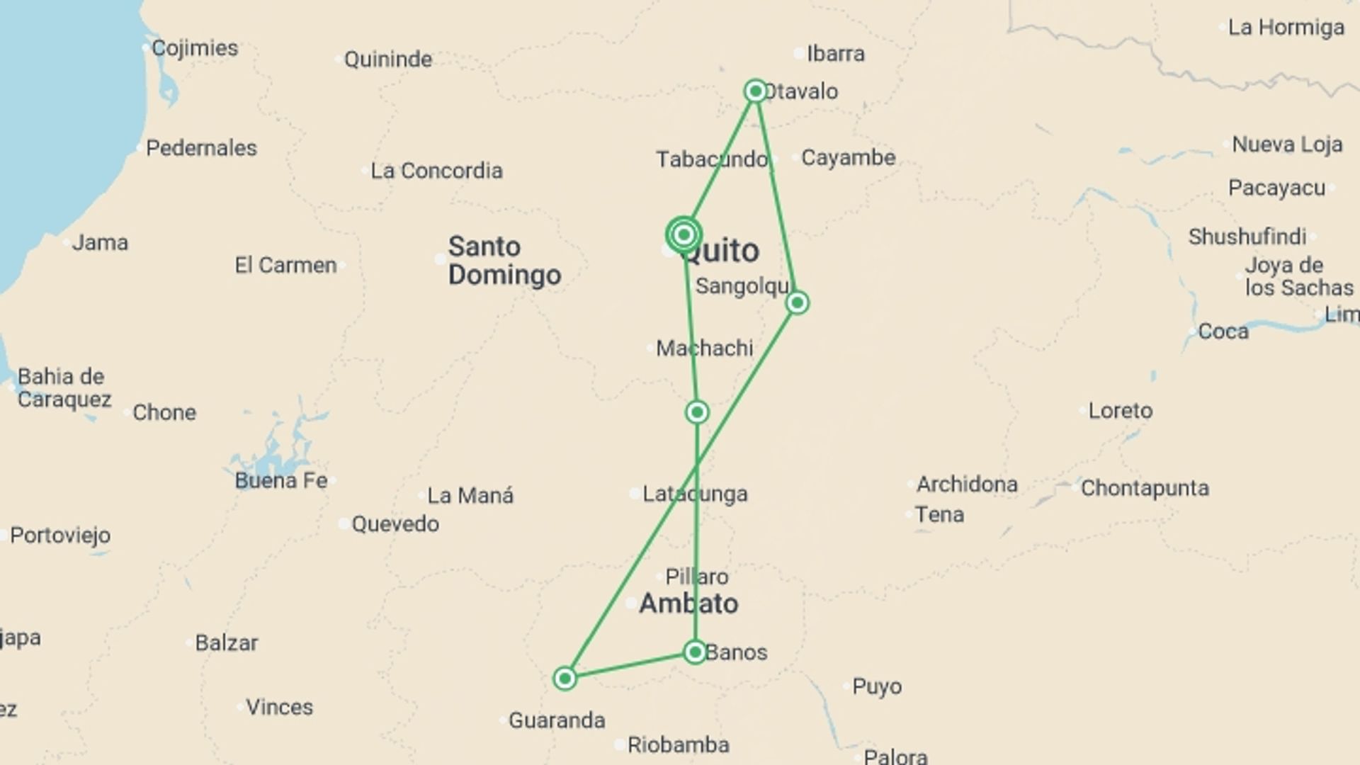 A map showing the tour itinerary for the trip: Ecuador Active Adventure - 8 days, starting in Quito, Ecuador and ending in Quito, Ecuador going through 4 other destinations.