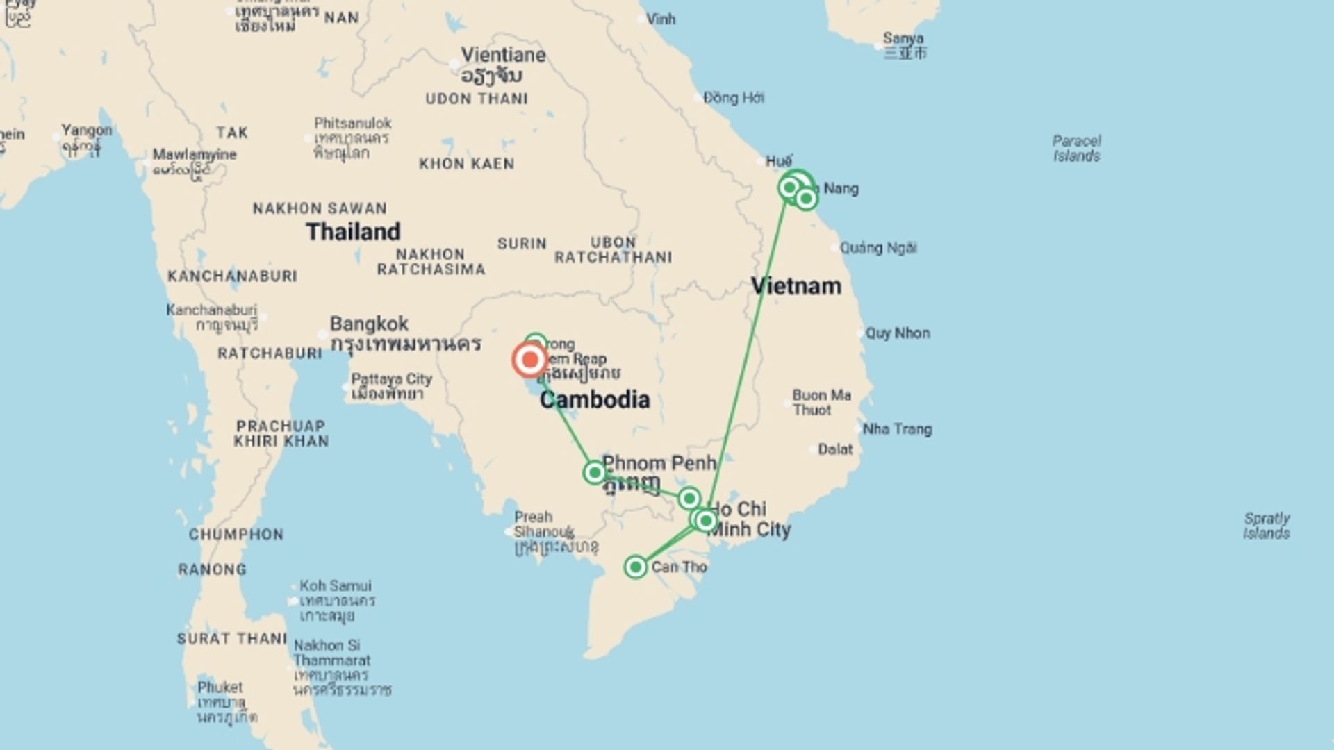 A map showing the tour itinerary for the trip: Danang to Saigon & Siem Reap - 10 days, starting in Da Nang, Vietnam and ending in Siem Reap, Cambodia going through 4 other destinations.