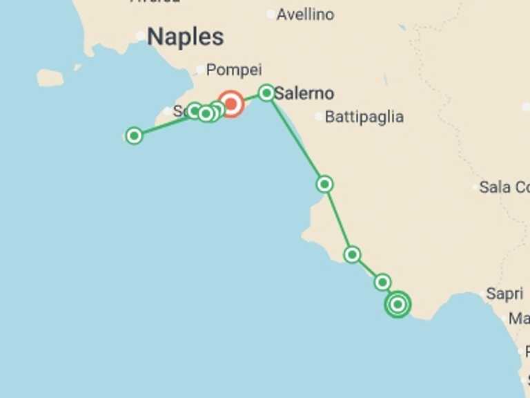 Map itinerary of Europe Tour in June 2026 with 5 destination visits for the trip: Cycle Cilento & the Amalfi Coast