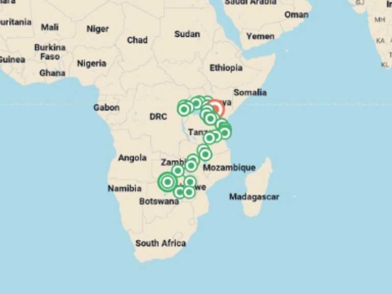 Map of Kenya and Zimbabwe Tour with 31 destination visits for the trip: Vic Falls to Gorillas