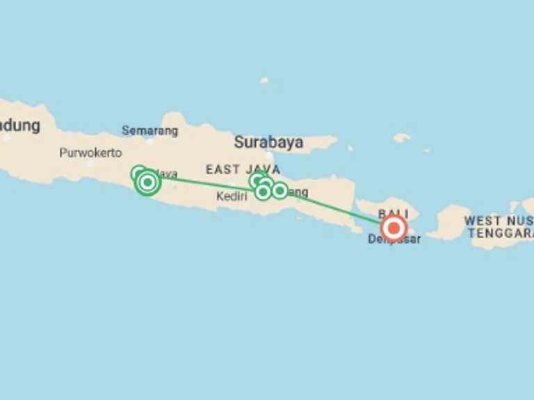 Map of Indonesia Tour with 8 destination visits for the trip: Volcanoes of East Java