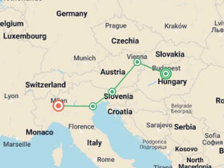 Map itinerary of Milan Tour in August 2026 with 5 destination visits for the trip: Europe by Rail Budapest to Milan