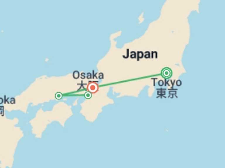 Map itinerary of Osaka Tour in November 2025 with 5 destination visits for the trip: Picturesque Solo Japan Tour